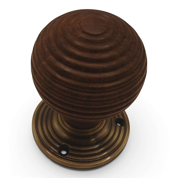 PDF1015R2/AB  Rosewood / Antique Brass  Period Timber Round Beehive Mortice / Rim Knob Set With Ringed Roses
